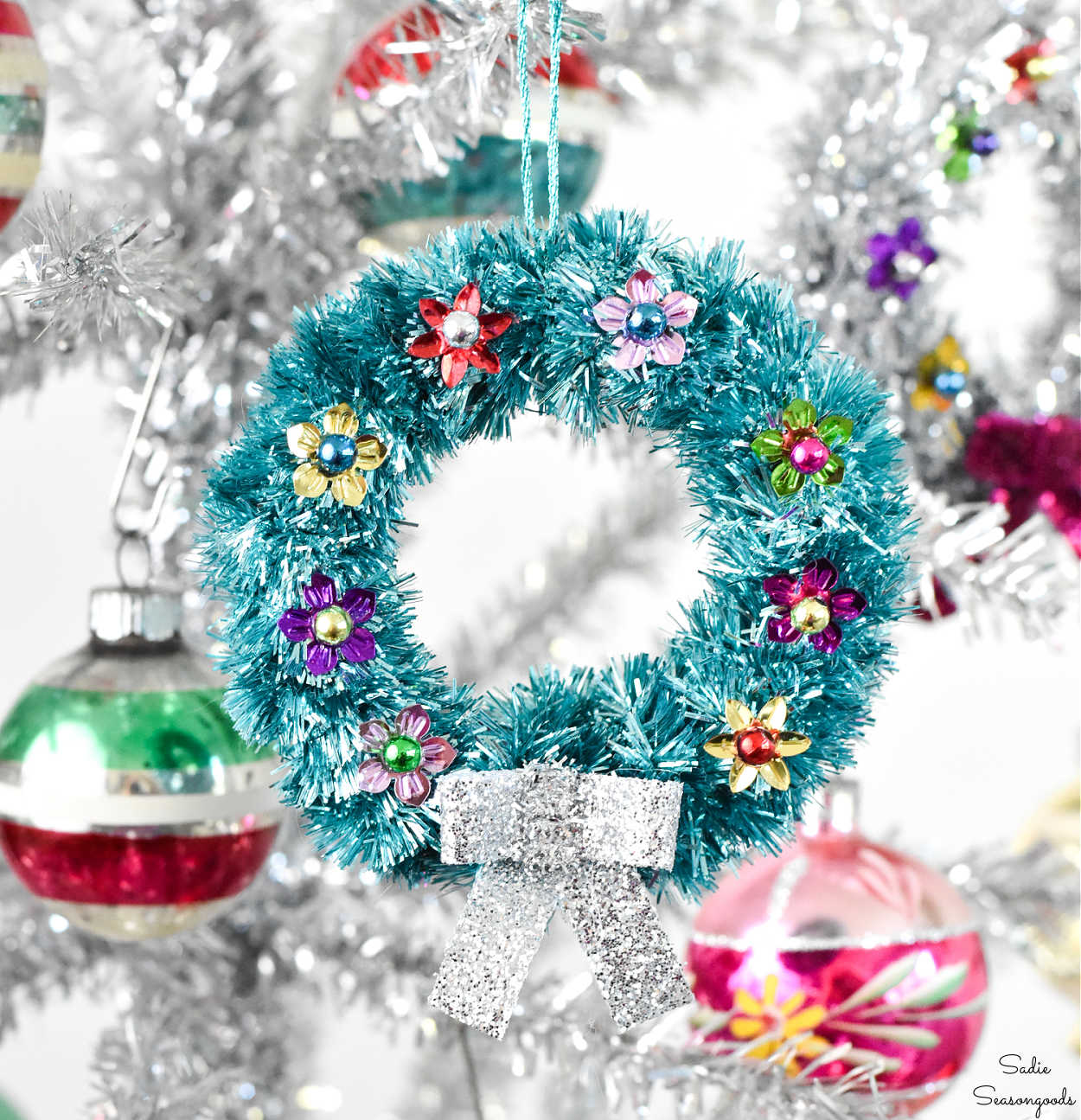Tinsel Wreath Ornaments from Mason Jar Lids