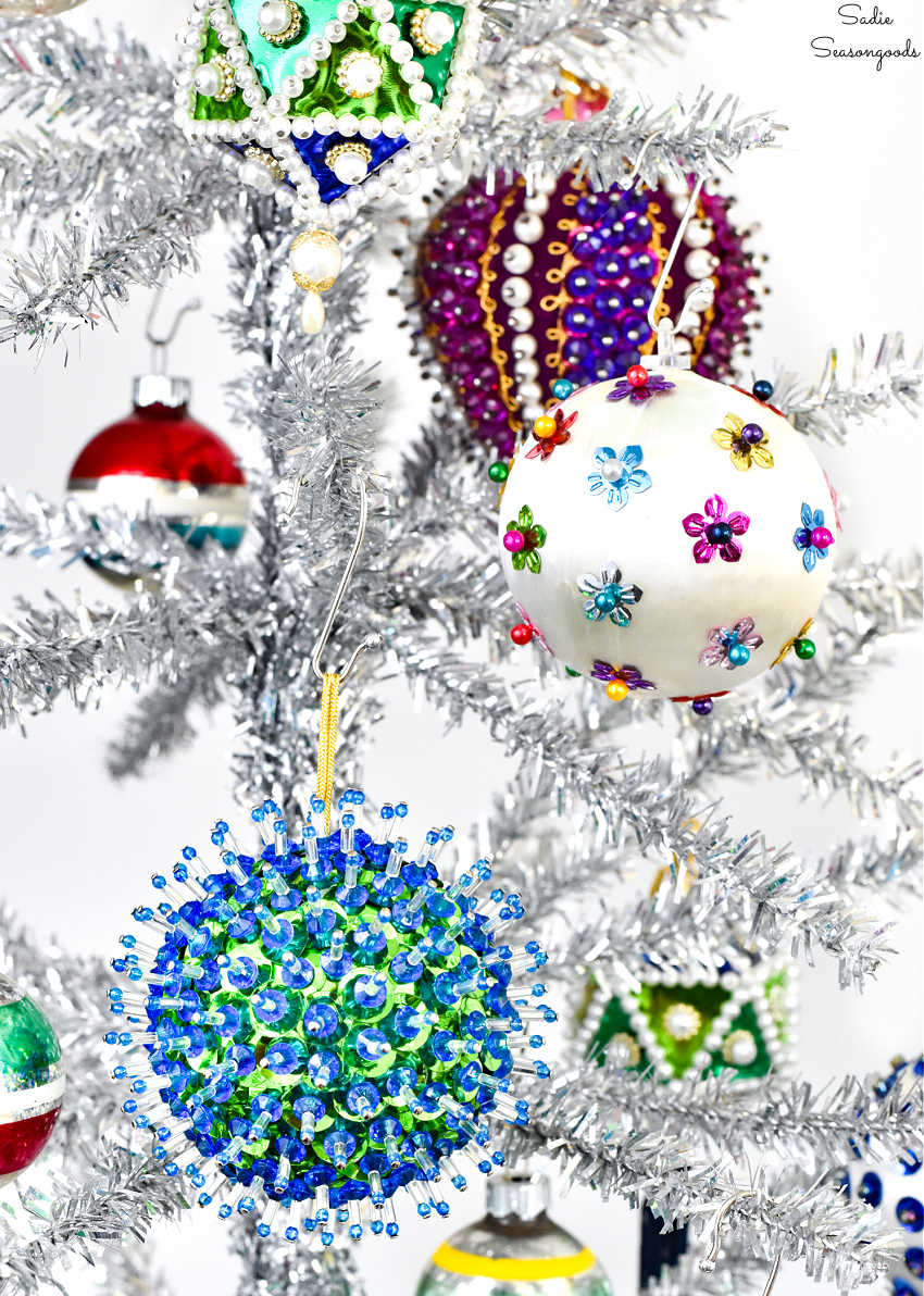 beaded ornaments on a tinsel tree