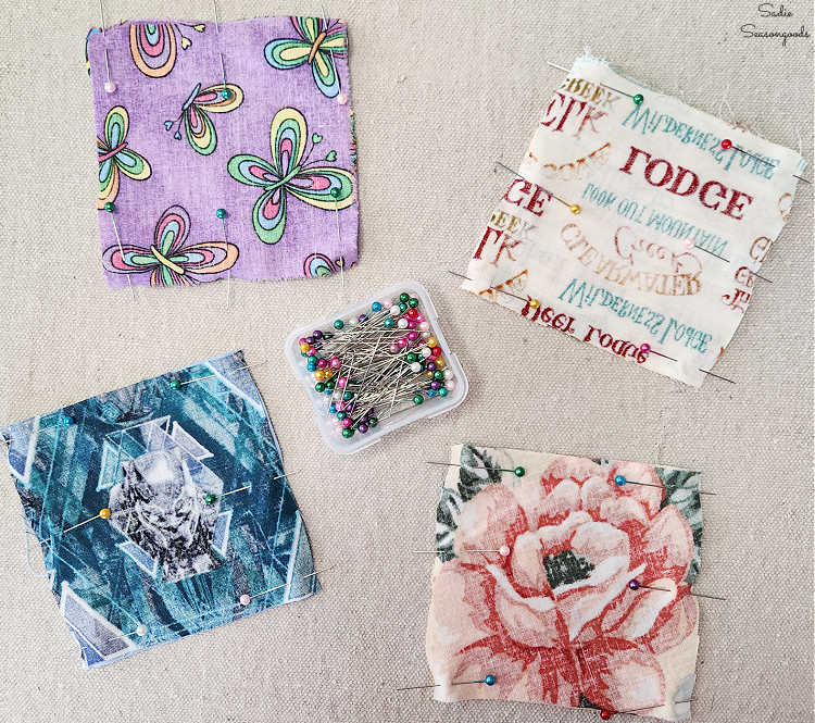 pinning fabric squares before sewing