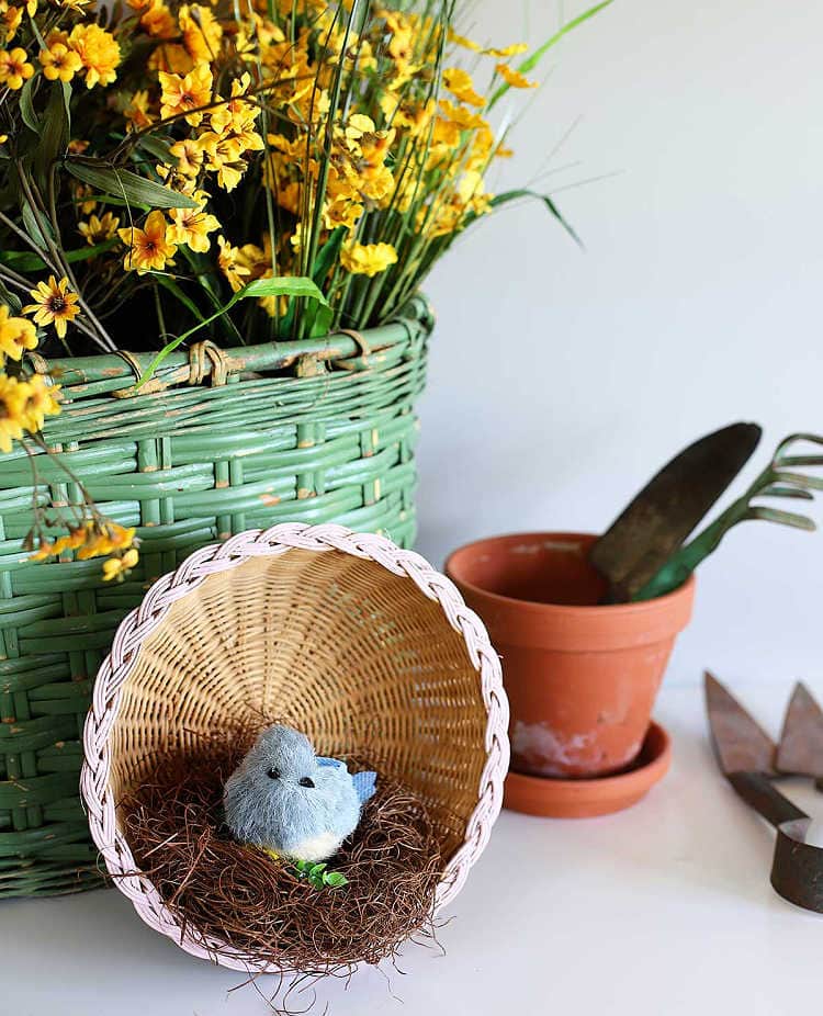 decorating for spring with birds and baskets