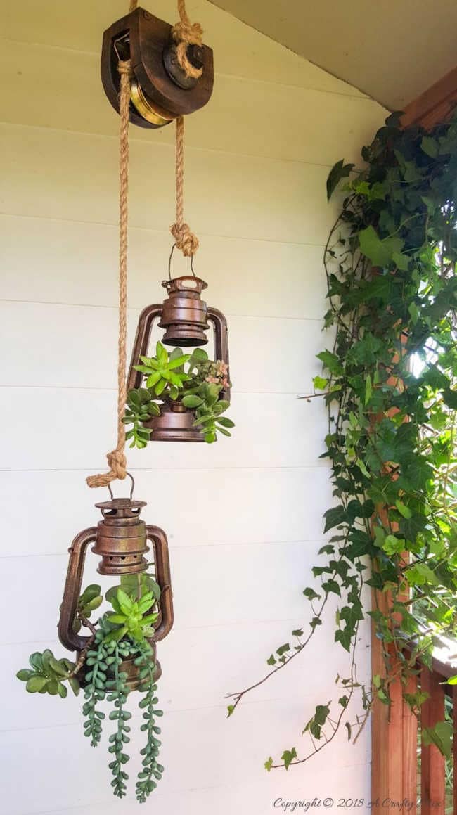 hanging planters in old lanterns