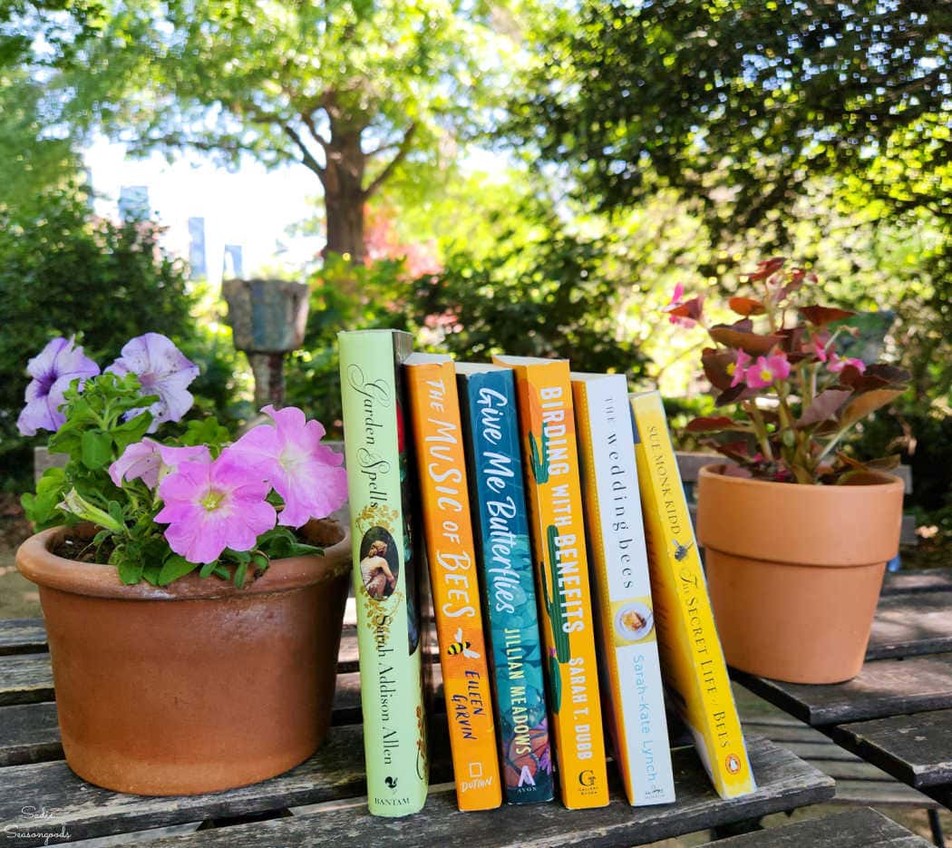 reading list with gardens, flowers, and pollinators