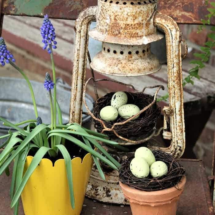spring decor in an old lantern