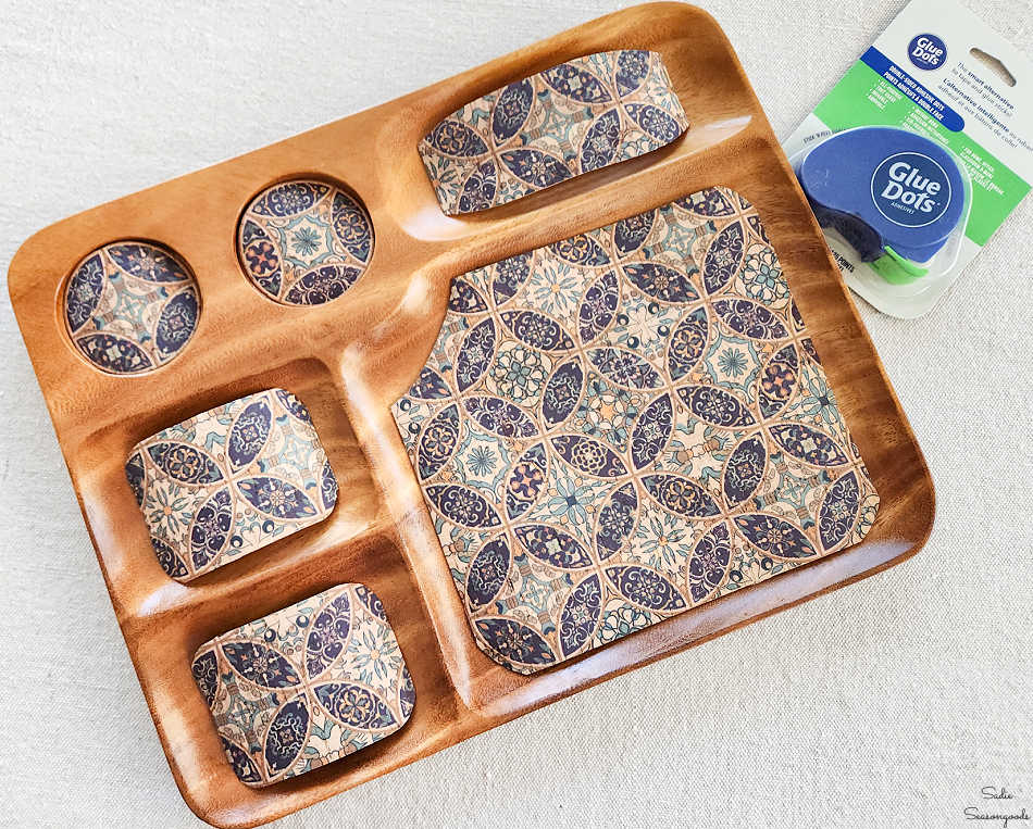 using glue dots to stick cork fabric on wood