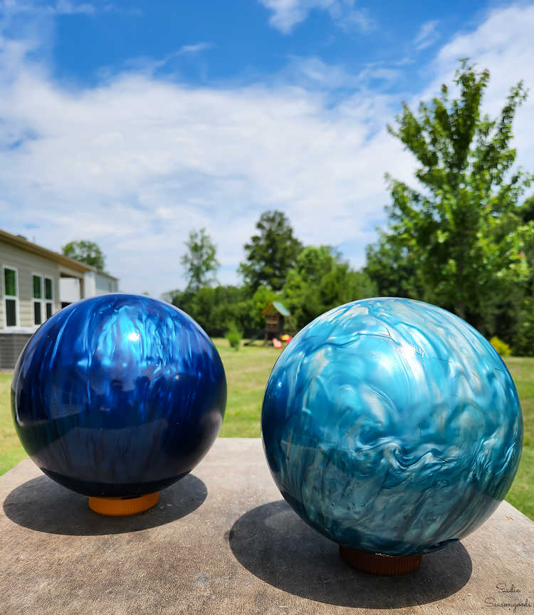 repurposed bowling balls to go in the garden
