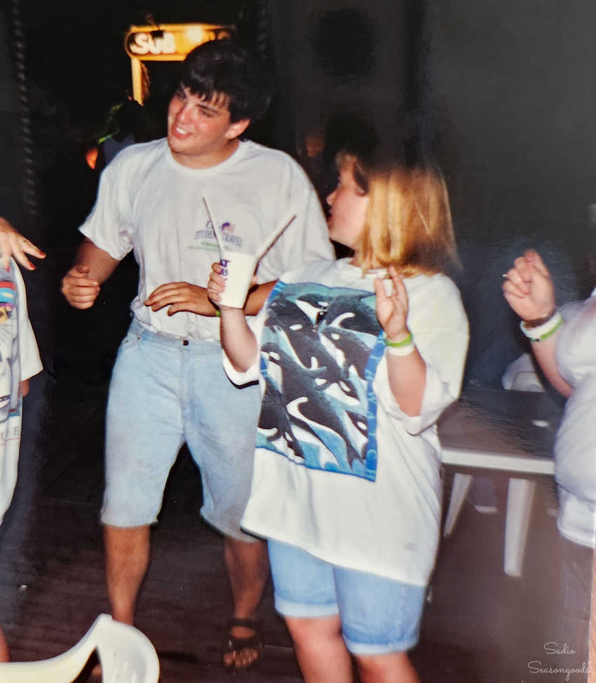 wearing a 90s orca tee shirt
