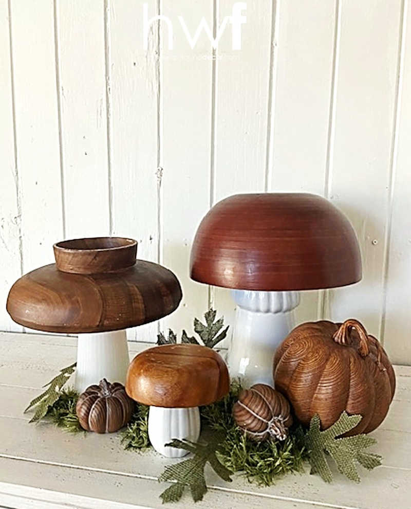 wooden bowls as mushroom caps