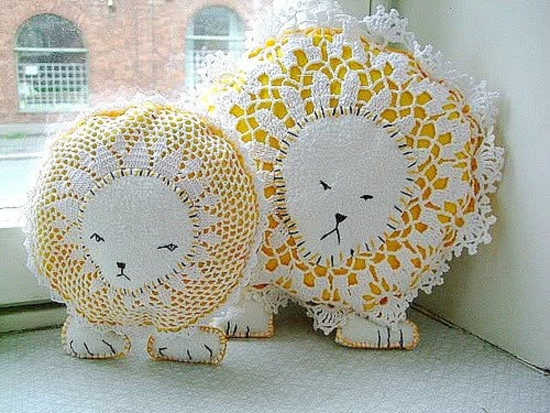 lion pillows from vintage doilies