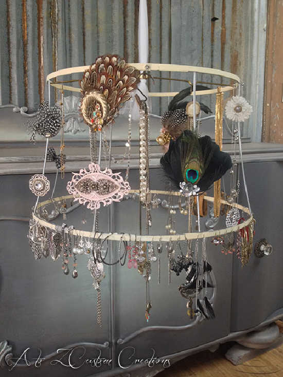 organizing jewelry on a lampshade