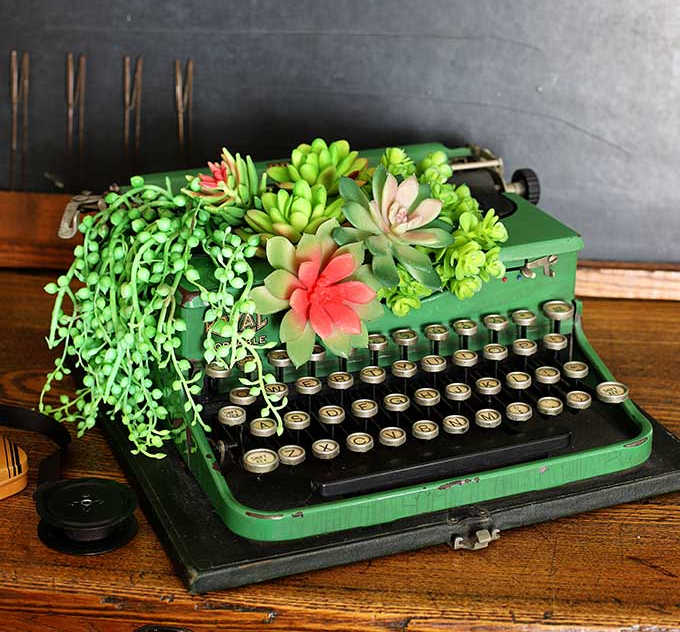 upcycling a vintage typewriter into a succulent planter