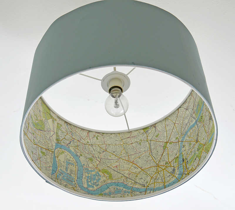 lining a lampshade with a vintage map