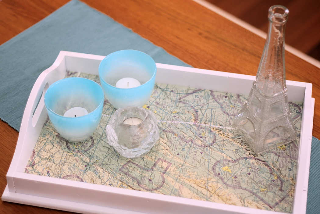 decorating a tray with an old map